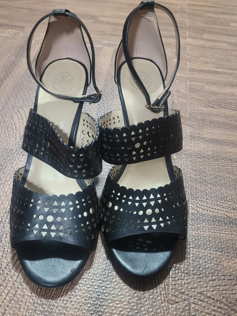 Tory Burch Nutria black perforated laser-cut leather gladiator wedge sandals  9M